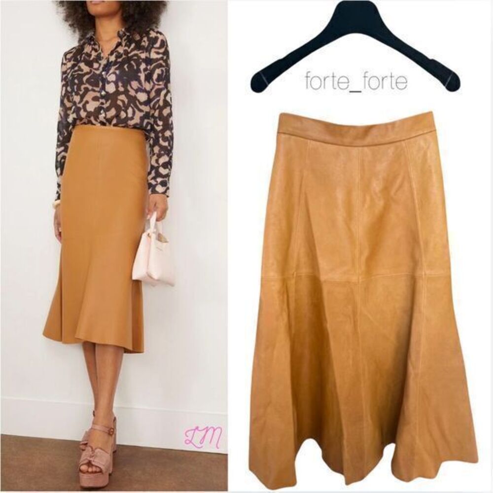 Forte Forte‎ Midi Skirt Dorado Golden Leather Tan Flared Aline US Size 2